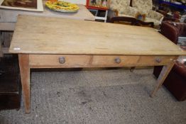 19th Century pine three drawer kitchen table raised on tapering square legs, 182cm wide