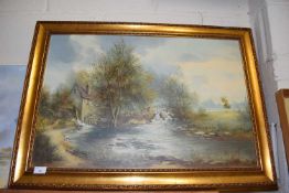 British School, 20th century, English landscape with a watermill, oil on board,19x29ins, gilt