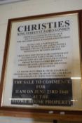 Reproduction Christies London Auction poster for the contents of Stowe House Property, framed and