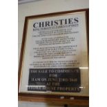 Reproduction Christies London Auction poster for the contents of Stowe House Property, framed and