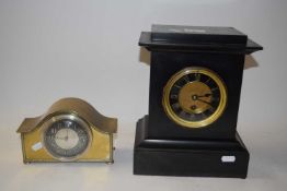 Victorian black slate cased mantel clock together with a small early 20th Century brass cased (