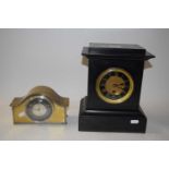 Victorian black slate cased mantel clock together with a small early 20th Century brass cased (