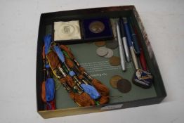 Mixed Lot: Various assorted fountain pens, assorted coinage, tapestry threads etc