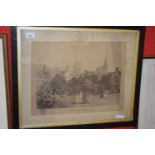 The Presidents Garden, Magdalen College, black and white engraving, framed and glazed