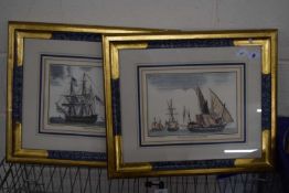 Pair of coloured French prints, shipping scenes, gilt frame