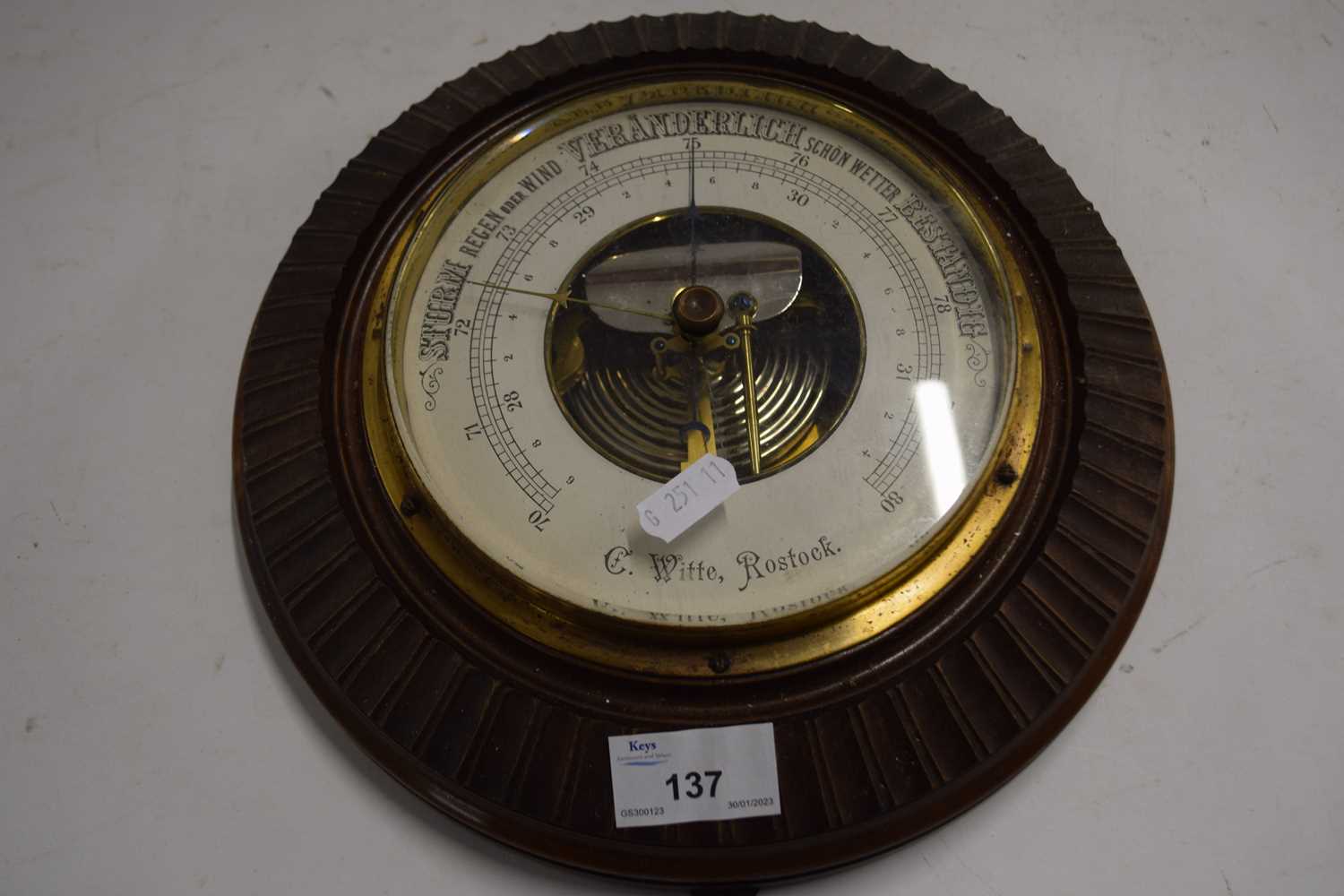 Late 19th Century aneroid barometer the face signed Witte, Rostock