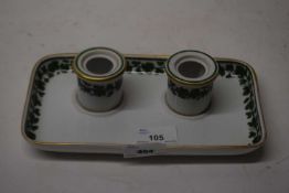 Meissen ink stand with two ink wells with green floral design (covers lacking), the stand 20cm long