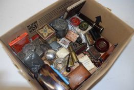 Box of various mixed items to include tins for gramophone needles, assorted cigarette lighters and