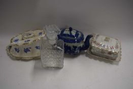 Mixed Lot: Cheese dish, teapot, further covered dish and a decanter
