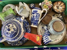 One box of various assorted ceramics to include Willow Pattern tea wares, assorted ornaments etc