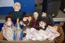 Box of various porcelain headed dolls