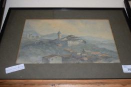 Early 20th Century school study of a continental hill village, watercolour, framed and glazed