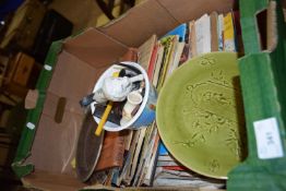 Box of various sheet music, watch straps, decorated plates etc