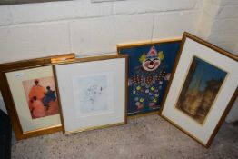 Mixed Lot: Four assorted pictures to include a sequin study of a clown, coloured print continental