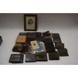 Box of glass photographic slides, vintage photographs and other items