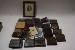 Box of glass photographic slides, vintage photographs and other items