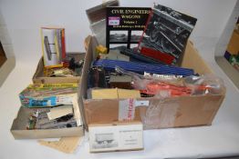 Box of various model railway items to include various track, rolling stock, buildings,
