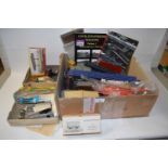 Box of various model railway items to include various track, rolling stock, buildings,