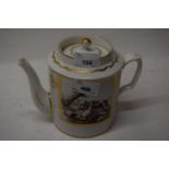 Continental porcelain teapot decorated with painted sepia hunting scenes within gilded borders,