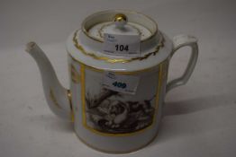 Continental porcelain teapot decorated with painted sepia hunting scenes within gilded borders,