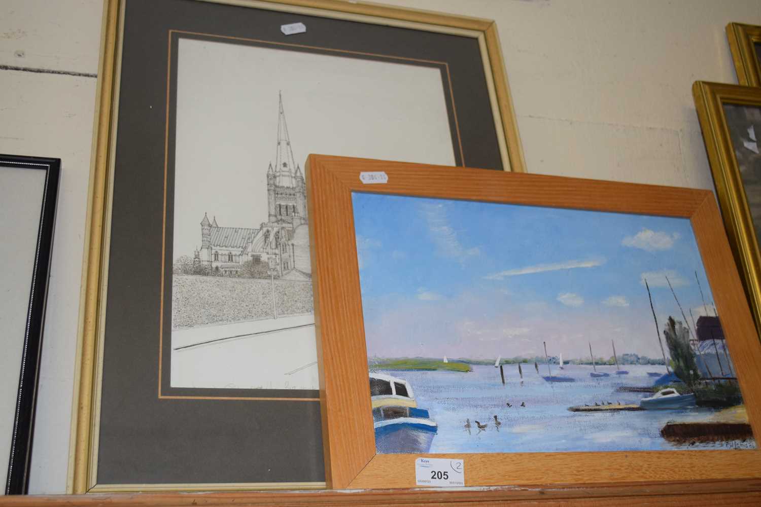 Paul James, Hickling Broad, oil on board together with a further study of a Cathedral (2)