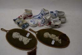 Mixed Lot: Various porcelain model shoes, two small oval wall plaques etc