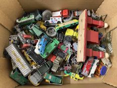 Box of various die cast and other toy vehicles, play worn condition