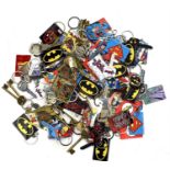 A large quantity of mostly metal Marvel / DC keyrings, featuring various superheroes, villains and
