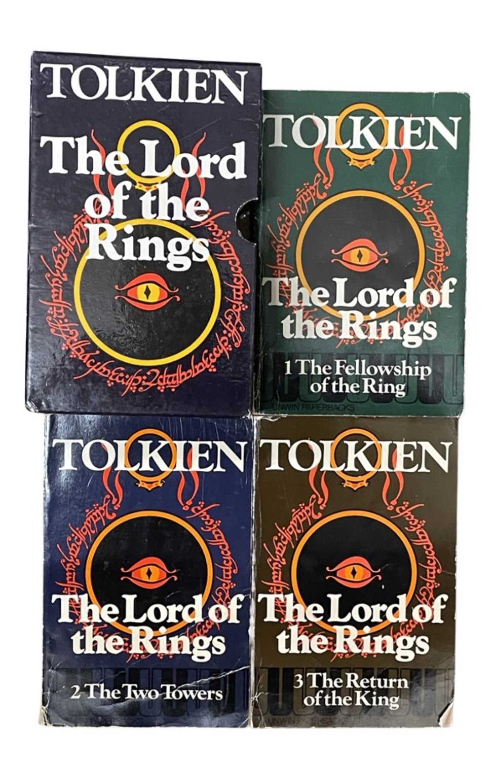 A 1974 Lord of the Rings boxed trilogy by JRR Tolkien. Unwin Books, Second impression.