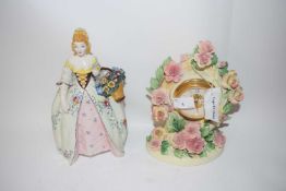 Modern Capodimonte Roses of Romance mantel clock together with a further Italian figurine (2)