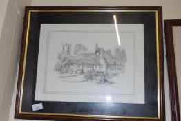 Black and white print, country cottage