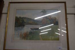 20th Century school study of a river scene with moored boat, watercolour, framed and glazed