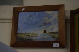 P Chapman, Mill on the River Bure at Halvergate, oil on board, pine framed