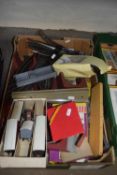 Box of various assorted model railway track, buildings, rolling stock etc