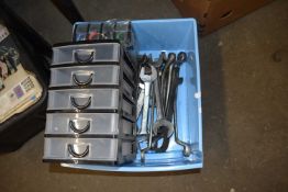 Box of various assorted spanners, small plastic drawer unit etc