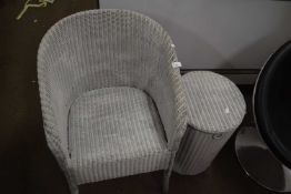 White painted Lloyd Loom chair and similar linen box (2)