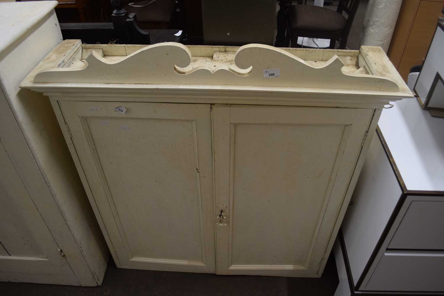 Painted pine two door wall cabinet with arched pediment