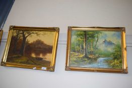 Two modern gilt framed oils, mountain and lake landscapes