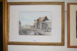 Contemporary school study of riverside buildings, watercolour, framed