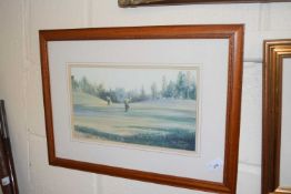 Coloured print, golfing scene, framed and glazed
