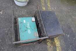 Mixed Lot: Two metal table frames, a vintage first aid box and a small metal trunk