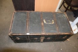 Vintage metal bound trunk marked J N Allen RAF 659 bearing plate marked 'Innovation'