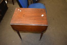 Victorian mahogany drop leaf two drawer sewing table on turned legs, 53cm wide