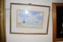 Desmond Wimsett - study of a estuary scene with boats, watercolour, , framed and glazed