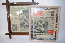 Two framed motorcycling newspaper montage pictures