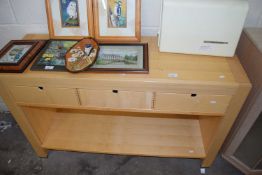 Modern light wood three drawer side table, 117cm wide