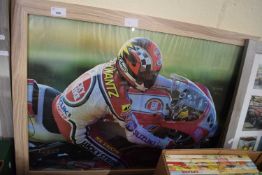 Framed coloured print, motorcycle racing