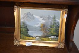 Modern oil on canvas study of a mountain landscape, indistinctly signed, gilt framed