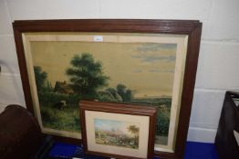 Pair of large coloured prints, rural scenes with cattle together with two further coloured prints