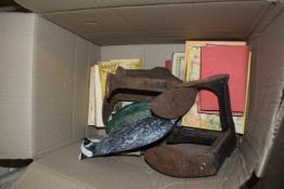 Box of various mixed items to include shoe makers lasts, a badger shaped door stop, various assorted
